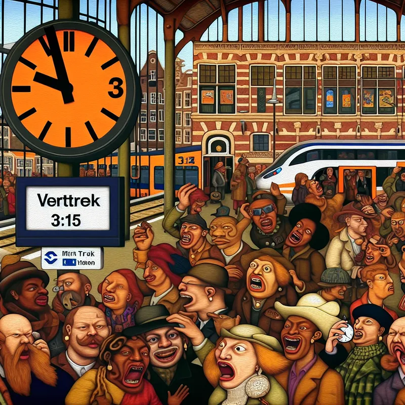 Druk treinstation met reizigers en een grote klok die kwart over drie aangeeft, illustratie in de stijl van Jan Steen