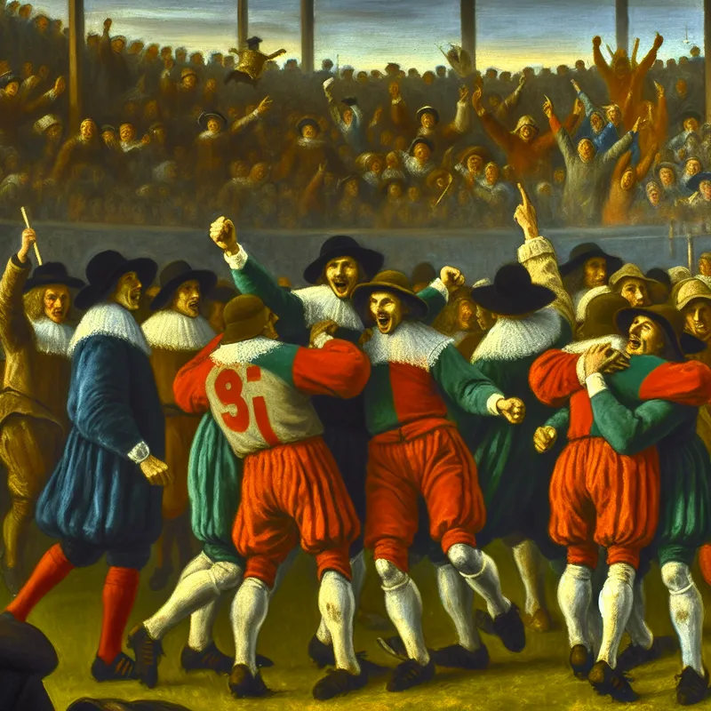 17e-eeuws Nederlands voetbalteam viert 3-0 overwinning op eigen terrein in levendige schilderstijl van Frans Hals