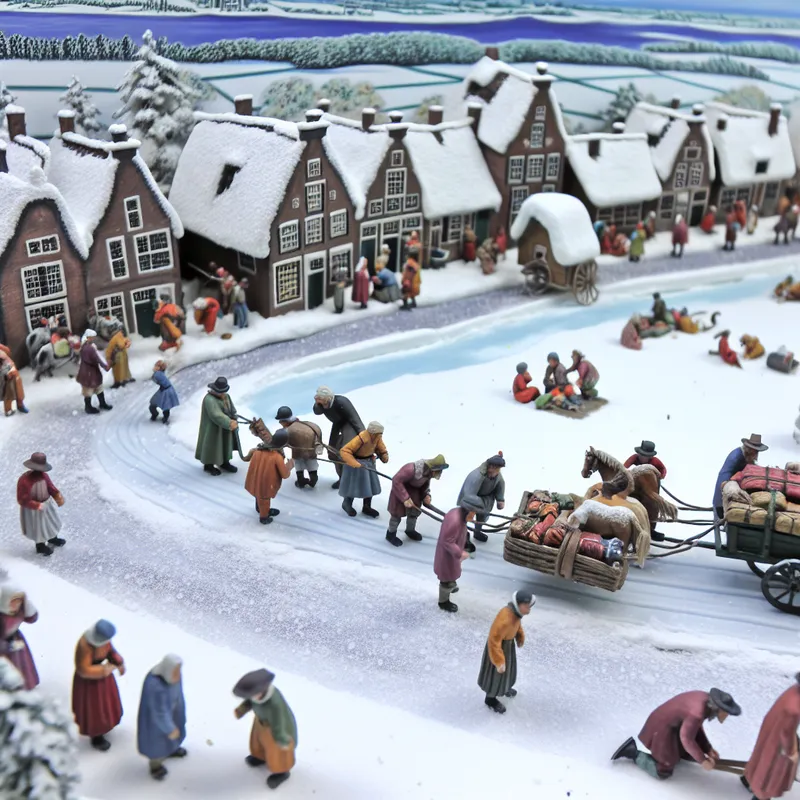 Drukbevolkt Nederlands winterdorp in sneeuw met figuren die een paardenslee beladen en naar een bestemming wijzen, geïnspireerd op Hendrick Avercamp