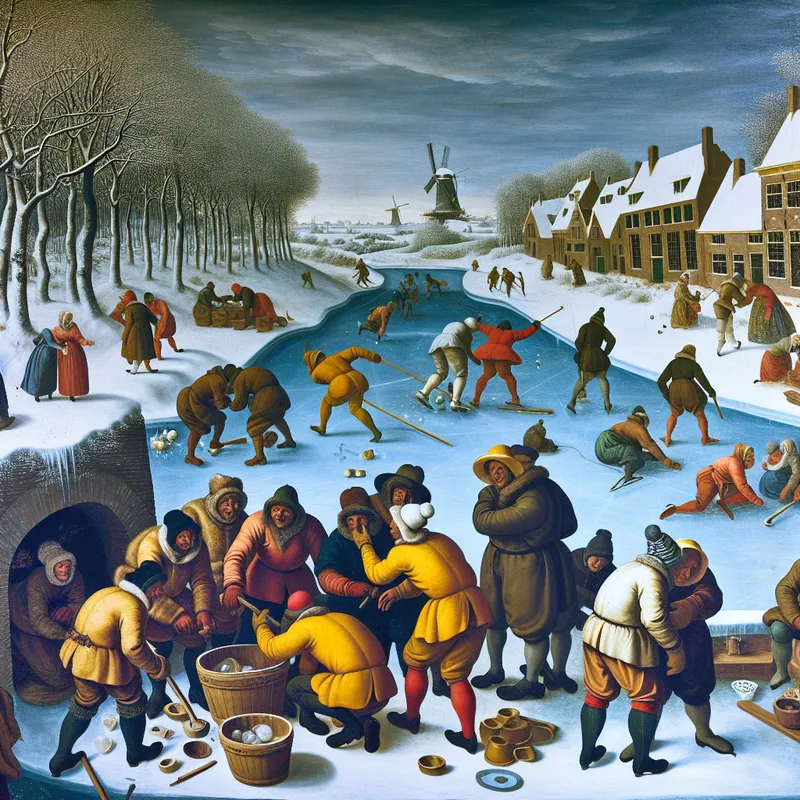 Gedetailleerde wintertafereel in de stijl van Hendrick Avercamp met mensen die samenwerken om een ijsprobleem op een bevroren kanaal op te lossen, vereist dringende actie