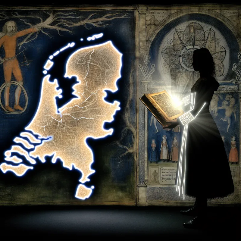 Een persoon gekleed in traditionele Nederlandse kledij staat voor een verlicht kaart van Nederland, met een gotisch familiewapen op de achtergrond.
