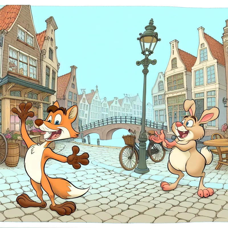 Vriendelijke cartoonvos begroet verraste konijn met 'Hé!' op een sfeervolle Nederlandse straat met kasseien, café en fietsen