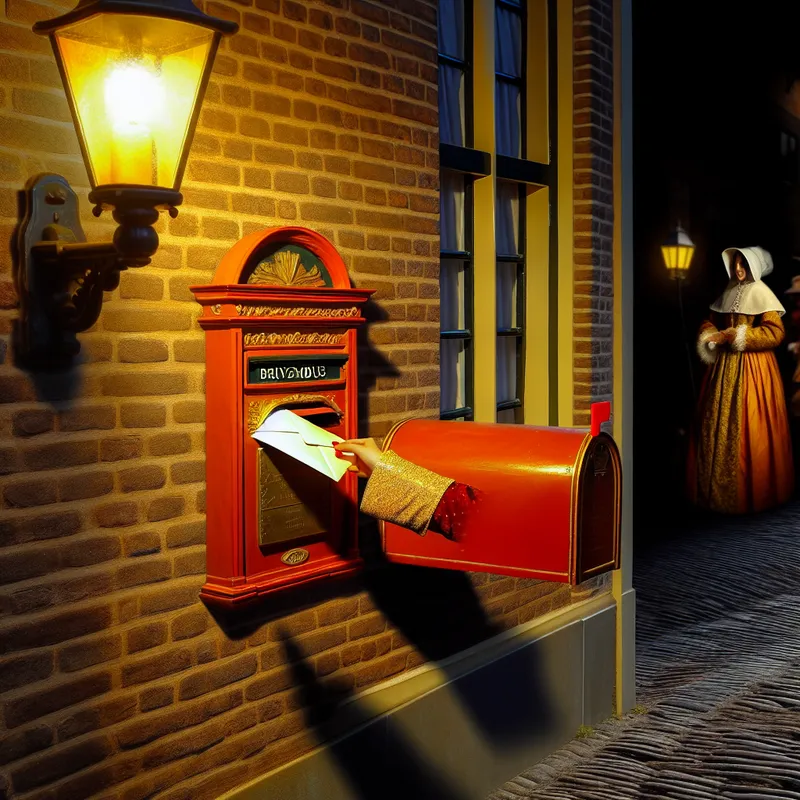 Traditionele Nederlandse oranje brievenbus bij avondlicht met een hand die een brief post, Rembrandt-stijl schilderij