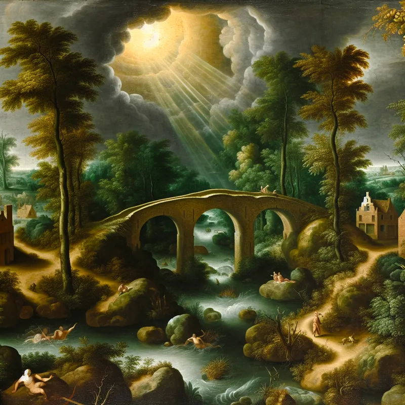Groot schilderij van een stenen brug over een woeste rivier die twee Nederlandse dorpen verbindt, met dramatische lucht en gouden licht, symboliserend een fysieke en symbolische verbintenis