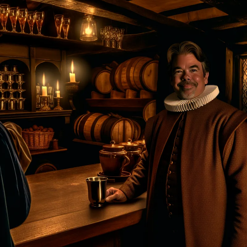 Trots Nederlandse café-eigenaar in 17e-eeuwse kleding achter houten toog met bierpul, verlicht door warm kaarslicht in sfeervolle kroeg