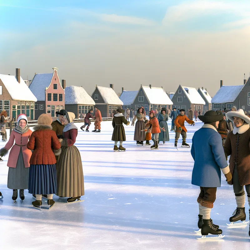 Drukbevolkt Hollands wintertafereel op een bevroren kanaal met schaatsers en mensen die direct met elkaar praten, illustrerend dat Nederlanders meestal erg direct zijn