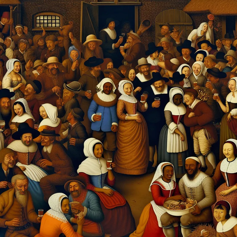 Bruiloftsfeest in een levendig Nederlands dorp in de stijl van Jan Steen, met een hechte gemeenschap die samen danst, praat en proost