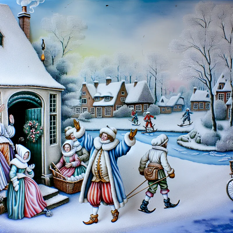 Gastvrije Nederlandse wintertafereel uit de 17e eeuw waarbij een gastheer bezoek naar de deur begeleidt in een besneeuwd dorp
