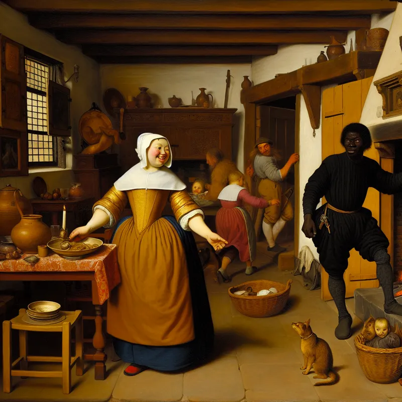 17e-eeuwse Nederlandse genrescène van Jan Steen met een warme, huiselijke sfeer waarin een vrouw haar partner begroet bij thuiskomst