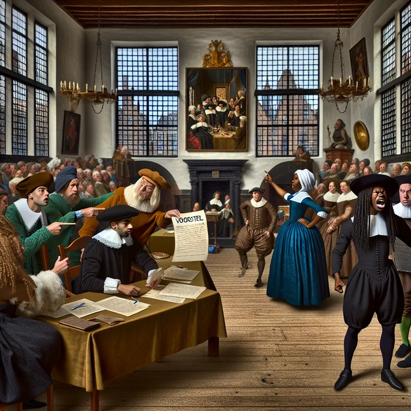 Levendige politieke bijeenkomst uit de Nederlandse Gouden Eeuw, met politici die een officieel document 'Voorstel' bespreken in een statige zaal