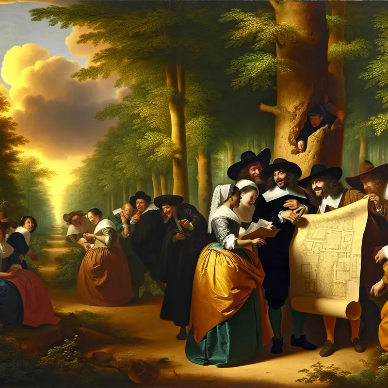 17e-eeuwse Nederlandse landschapsschildering van een groep collega's die stiekem een verrassingsfeest plannen in een zonnig bos