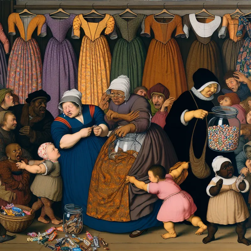 Levendige Nederlandse huishoudscene in de stijl van Jan Steen met een vrouw die twijfelt tussen kleurrijke jurken terwijl kinderen snoep pakken uit een grote pot, illustratie van herhaling in het dagelijks leven