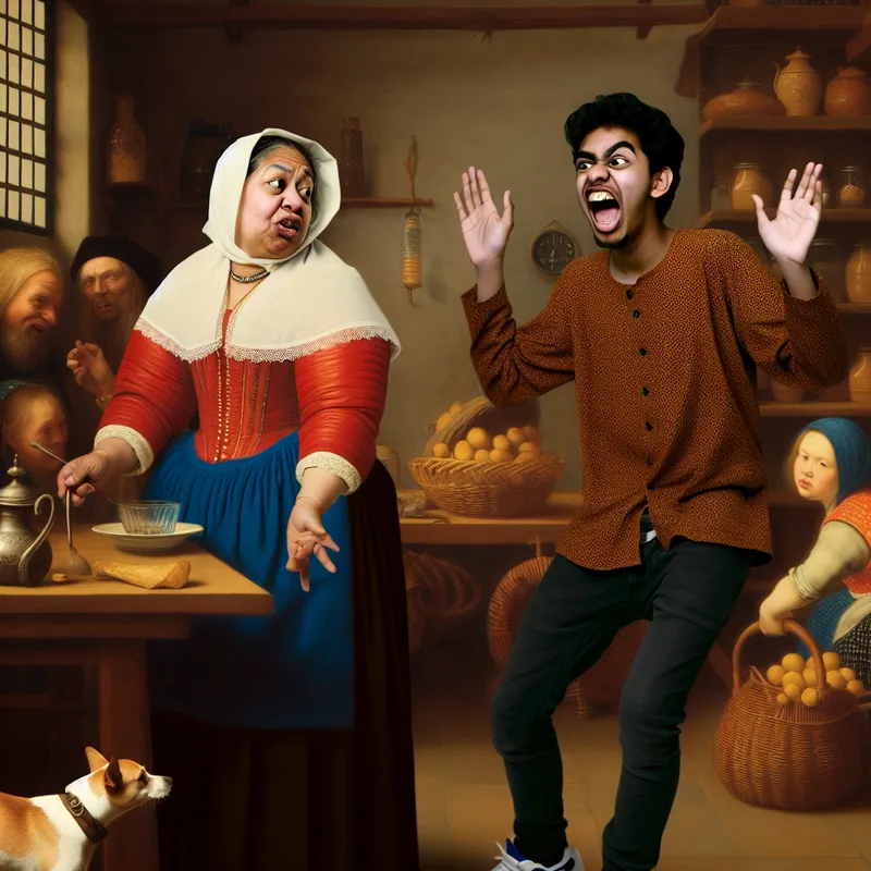 Levendige Nederlandse huishoudenscène in de stijl van Jan Steen, waarin twee mensen hartelijk instemmen met gebaren en glimlachen, met warme kleuren en alledaagse details