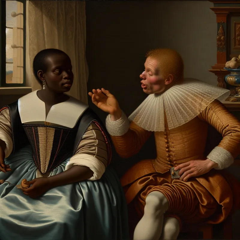 17e-eeuws Hollands interieur met twee personen, waarbij de een kalmerend een hand op de schouder van de ander legt die overdreven gebaart naar een klein krasje op een siervoorwerp