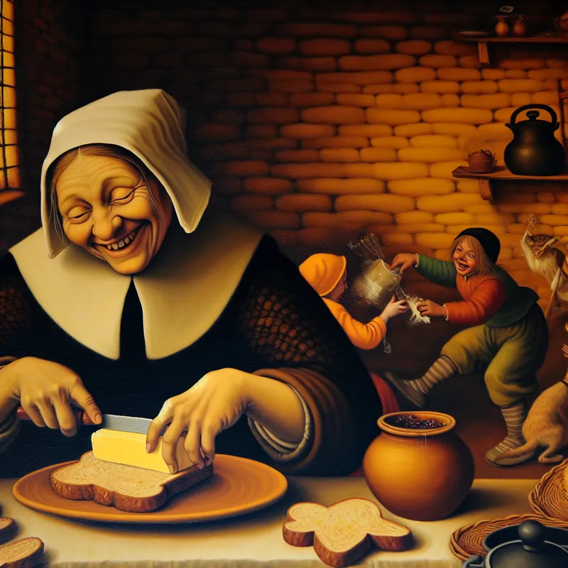 Vrolijke Nederlandse keukenscène in de stijl van Jan Steen, waar een vrouw boter smeert op versgebakken brood