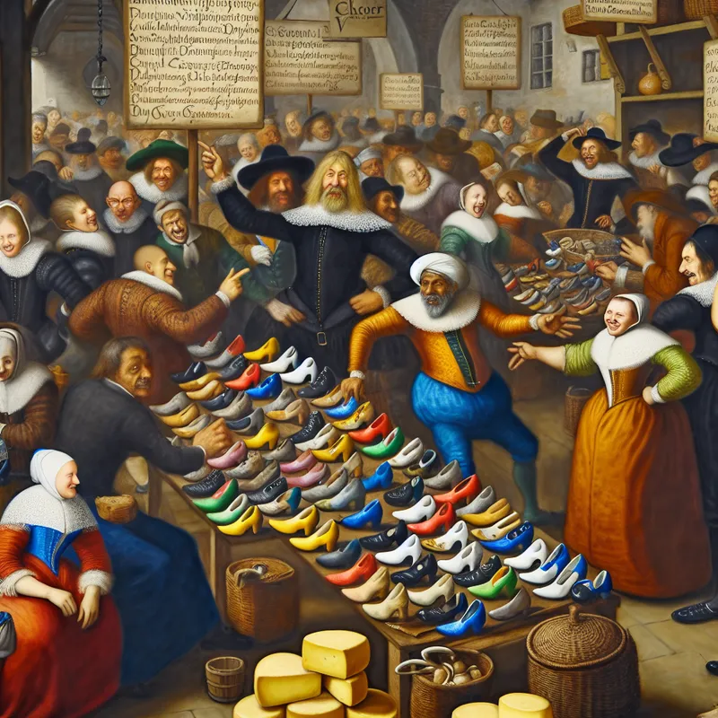 Drukke 17e-eeuwse Nederlandse marktscène met een overvloed aan schoenen en kazen, illustrerend een rijk assortiment producten