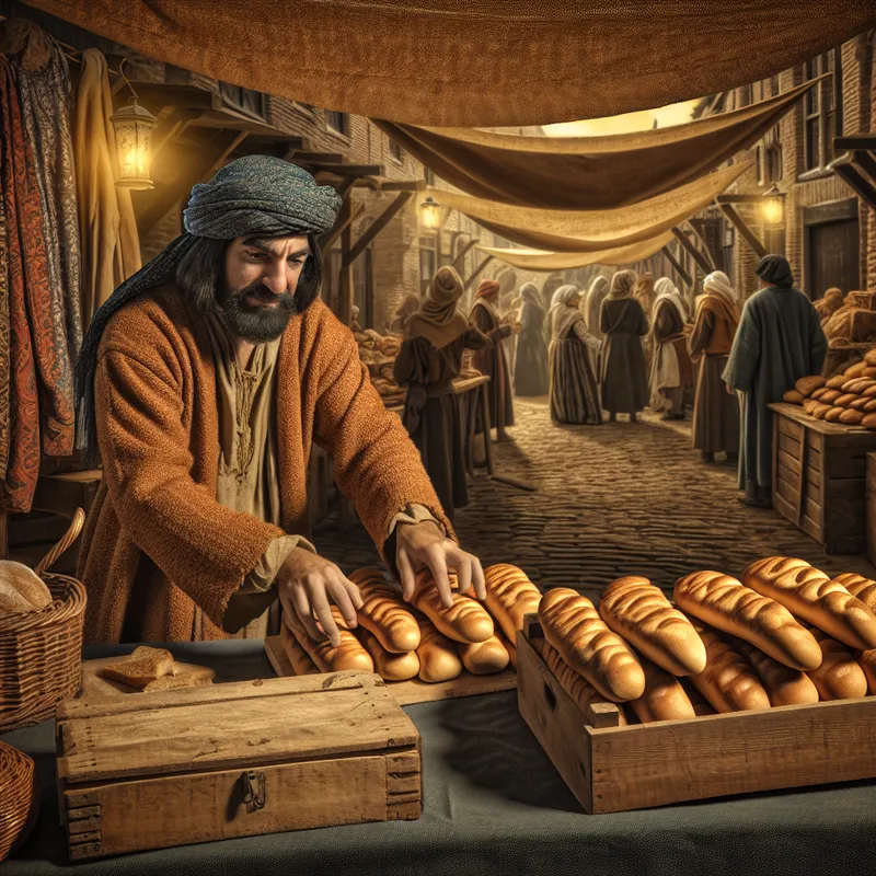 17e-eeuwse Nederlandse marktscène met een man die snel broden rangschikt, symbool voor 'regelen' in een drukke omgeving