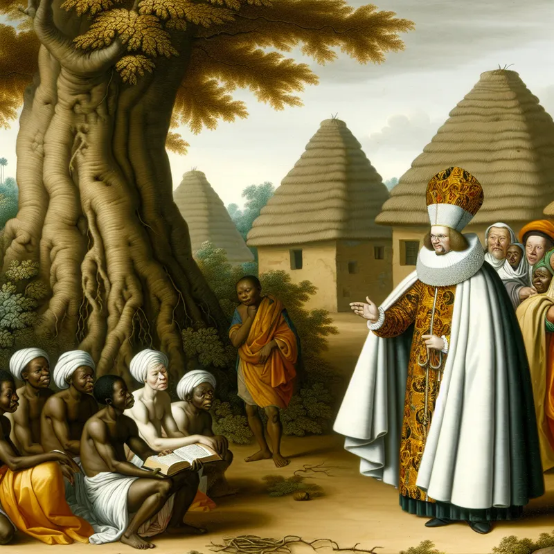 17e-eeuwse Nederlandse missionaris deelt het christelijk geloof met Afrikaanse dorpelingen onder een baobabboom