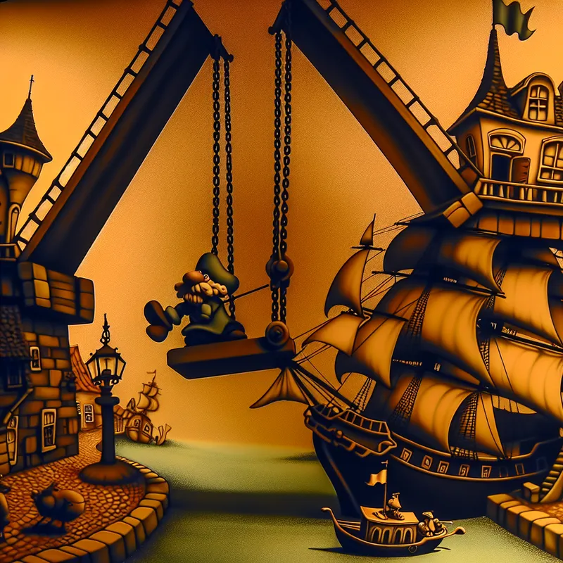 Karikaturale Nederlandse ophaalbrug die omhoog wordt getrokken met dikke kettingen, terwijl een zeilschip eronder doorvaart in een nostalgisch stadje