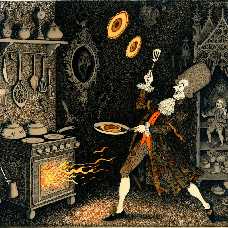 Professor in academische toga gooit een gouden pannenkoek in de lucht in een surrealistische keuken met zwevende keukengerei en speelse vlammen