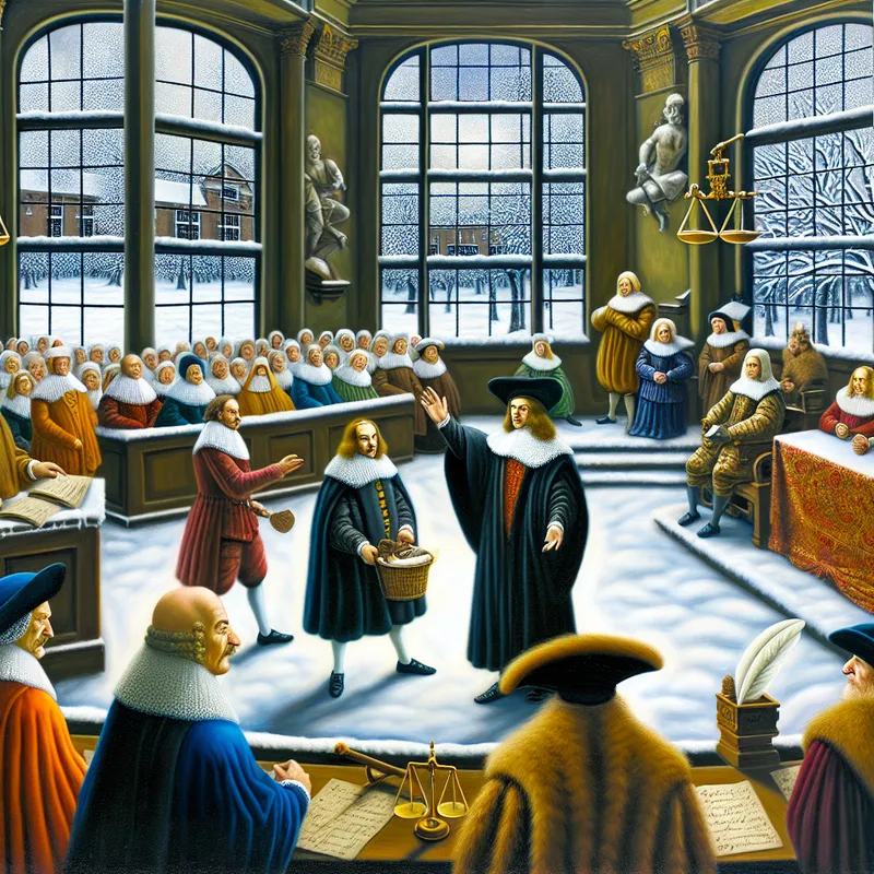 17e-eeuwse Nederlandse rechtszaal in winterse setting, waar een advocaat met overtuiging een betoog houdt tijdens een levendige maar gestructureerde discussie over argumentatie en standpunten