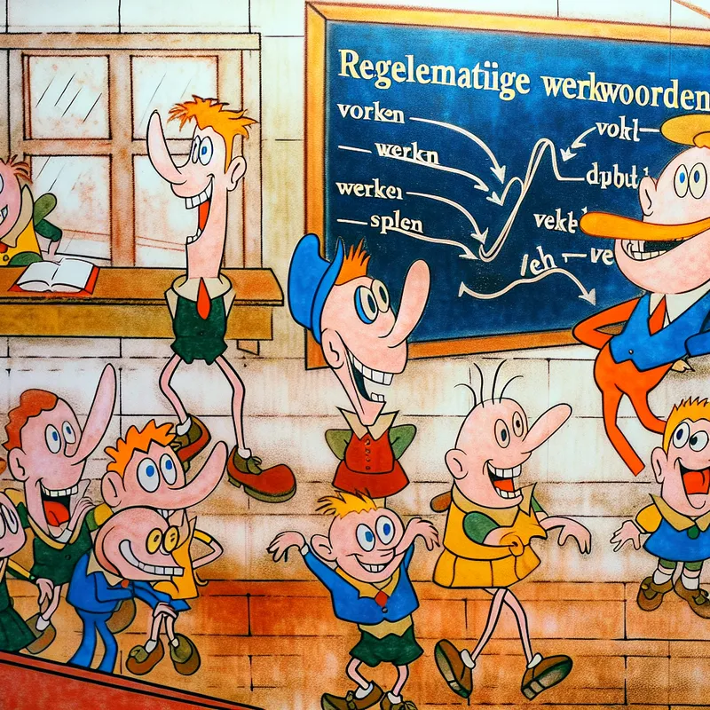 Cartoon klaslokaal met Nederlandse regelmatige werkwoorden als leerlingen, waarbij het werkwoord 'lopen' centraal staat met vervoegingsregels op het bord