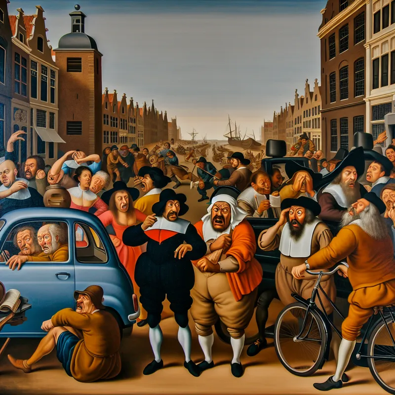 Drukke stadstraat tijdens spitsuur met gefrustreerde forenzen, fietsers en automobilisten in een file, typisch Nederlands straatbeeld met chaotische sfeer van dagelijks ongemak