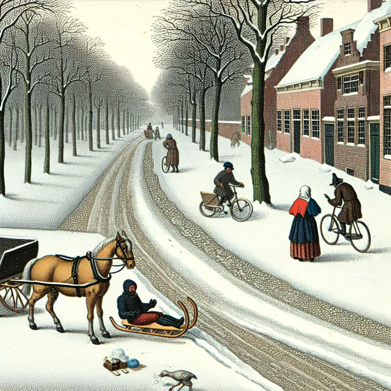 17e-eeuwse Nederlandse winterscène met een verhoogde stoeprand (boord) langs een besneeuwde weg, paardenslee en fietsers op het fietspad
