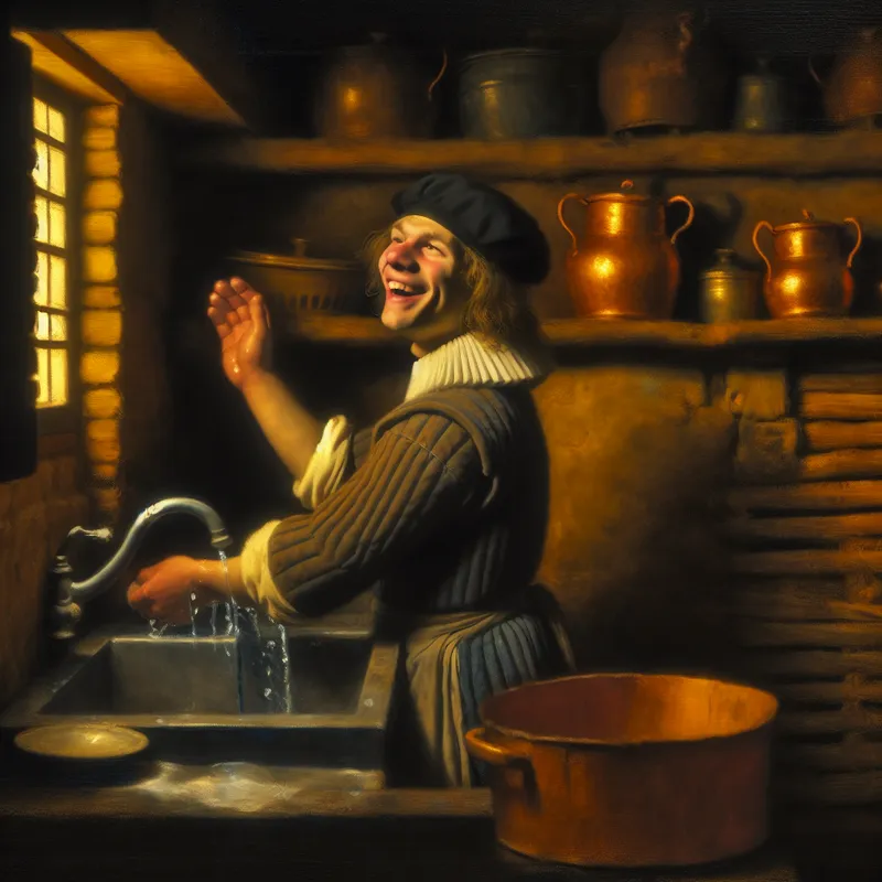 Jonge man in 17e-eeuwse Nederlandse kleding wast met plezier af in een warme, verlichte keuken, omringd door houten meubels en koperen potten