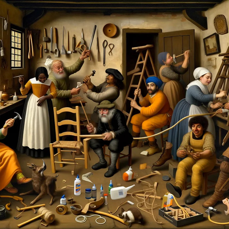 Drukke Nederlandse Gouden Eeuw-scène in de stijl van Jan Steen, waarin iedereen in een huishouden samenwerkt om een kapotte stoel te repareren zonder uitzondering