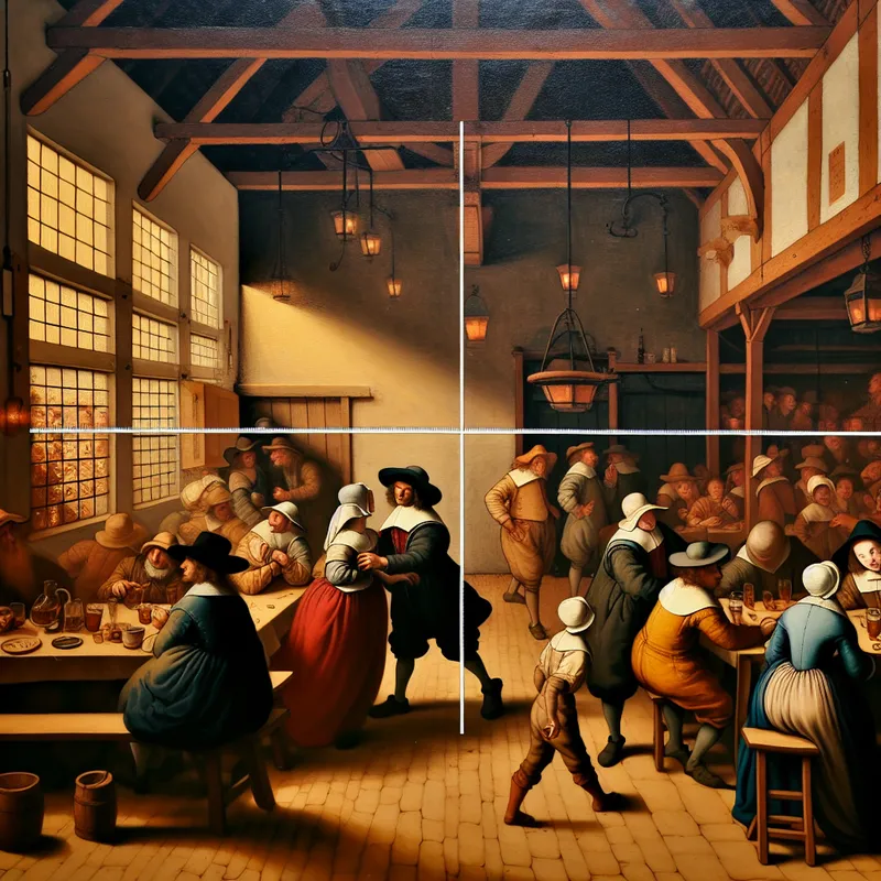 Drukke Nederlandse taverne-scène met twee tafels op precies één meter afstand, gemarkeerd met een meetlint, ter illustratie van fysieke afstand tussen objecten