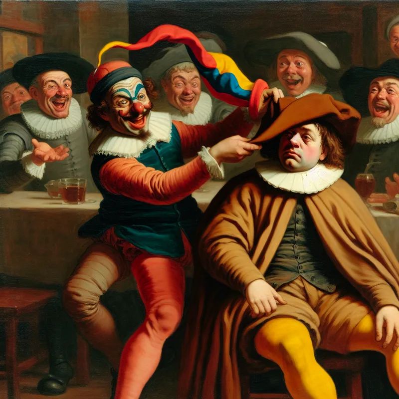 17e-eeuwse Nederlandse taverne-scène met een sluwe grappenmaker die een narrenkap over de ogen van een naïef slachtoffer trekt, in de stijl van Frans Hals