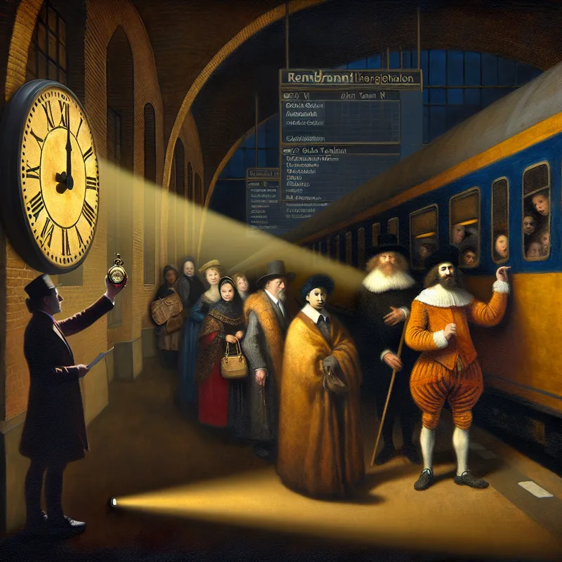 Dramatische 17e-eeuwse schilderijstijl scène van een Nederlandse intercitytrein op een druk station, waarbij een conducteur een sierlijke zakhorloge controleert onder gouden licht, met reizigers die volgens dienstregeling instappen