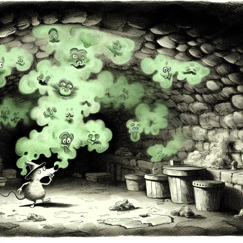 Cartoonachtige kelder met groenige mist die een vreemde geur voorstelt, een muis of kat snuift verbaasd de lucht op
