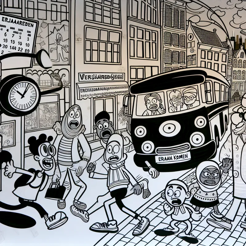 Grappige cartoon van een drukke Nederlandse straat waar mensen haastig naar een aankomende bus rennen, met een kalender en klok die 'eraan komen' illustreren