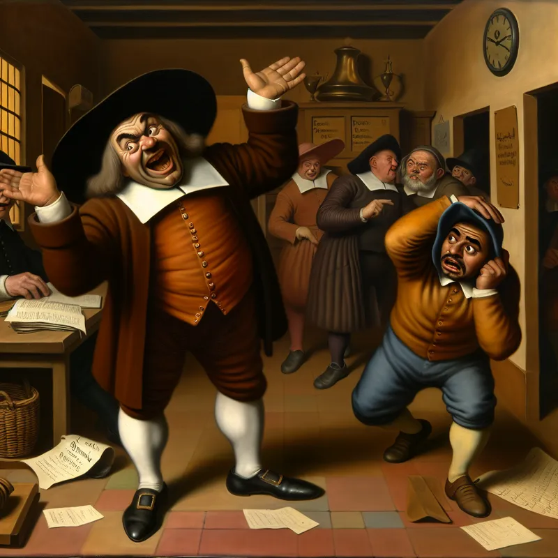 17e-eeuwse Nederlandse genrescène van Jan Steen-stijl met een baas die een werknemer symbolisch de nek omdraait, wat ontslaan uitbeeldt