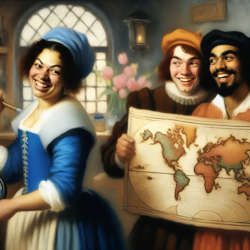 Twee paar broers en zussen in 17e-eeuwse Nederlandse kleding die elkaars houding en uitdrukking spiegelen, illustrerend het concept 'net zo' of 'evenzo' in een warme, huiselijke setting