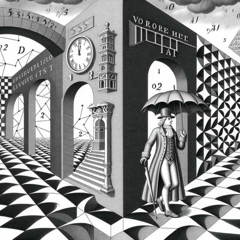 Surrealistische illustratie van twee paden die zekerheid en voorzorg symboliseren met de uitdrukkingen 'in ieder geval' en 'voor het geval dat' in de stijl van M.C. Escher