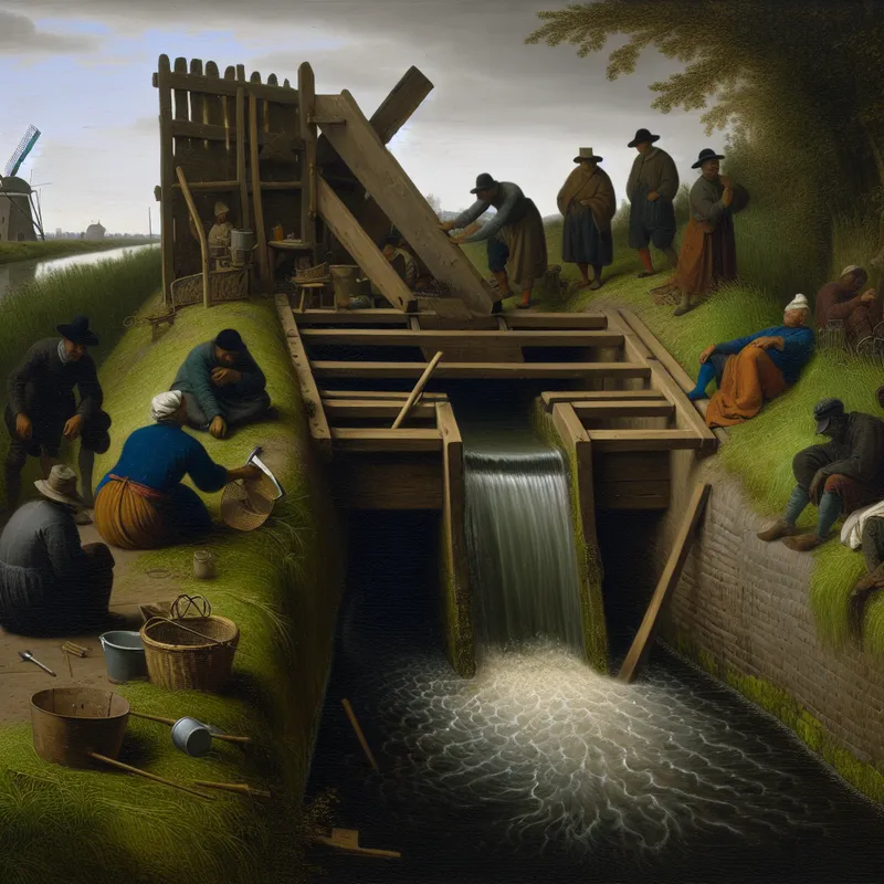 Drukke dorpsscène met een groep mensen die een kleine uitwateringssluis in een Nederlandse dijk repareren, in de stijl van Jan Steen