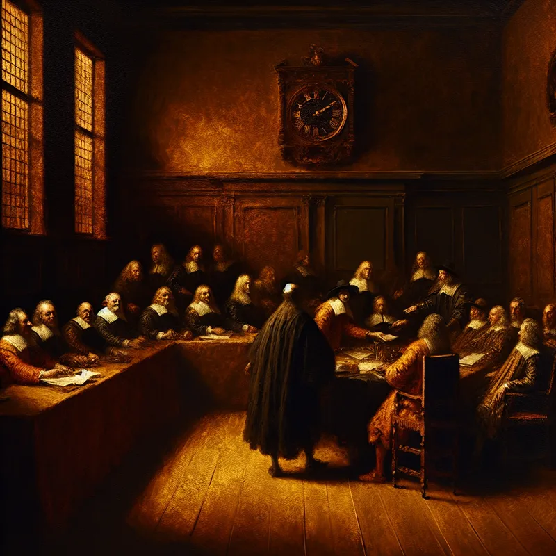 17e-eeuwse Nederlandse vergadering met ambtenaren of kooplieden rond een tafel, volgens strikte regels en voorschriften, in Rembrandt-stijl met dramatisch clair-obscur