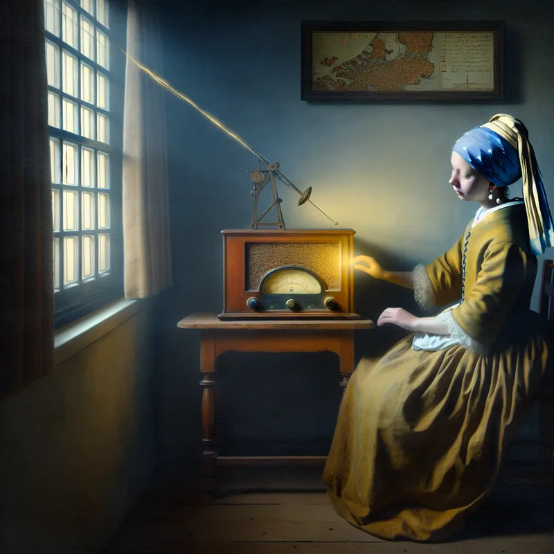 Jonge vrouw in 17e-eeuwse Nederlandse kleding luistert aandachtig naar een vintage radio bij het raam met zacht licht