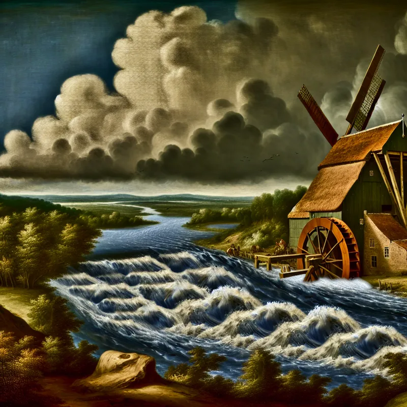 17e-eeuwse Nederlandse watermolen met krachtige rivier en donderwolken, natuurkracht in actie