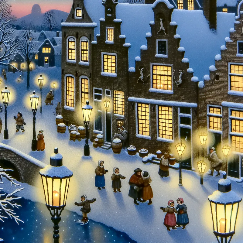 Sfeervolle winteravond in een Nederlands dorp met sneeuw, traditionele lantaarns en schaatsers op een bevroren kanaal, in de stijl van Hendrick Avercamp