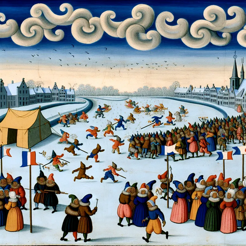 Drukbezochte Nederlandse winterse ijsbaan met mensen uit verschillende hoeken, windrichtingen aangegeven door vlaggen en linten op palen, in de stijl van Hendrick Avercamp