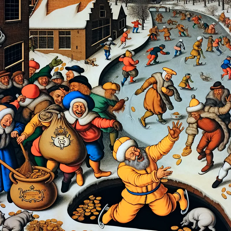 Vrolijke winterse scène van een Nederlands dorp op een bevroren kanaal, waar handelaren een zak met munten genaamd 'spek' vieren, symbool voor winst en verdienste