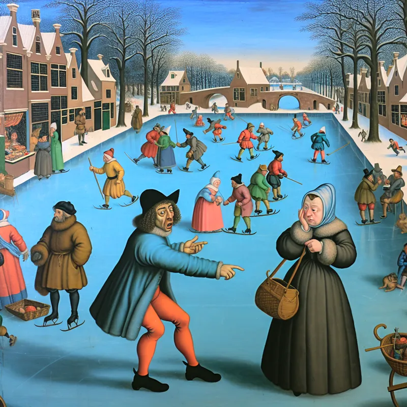 17e-eeuwse Nederlandse winterscène met twee mensen in gesprek op een bevroren kanaal, waarbij iemand verbaasd vraagt: 'Heb jij toevallig een pen voor mij?'