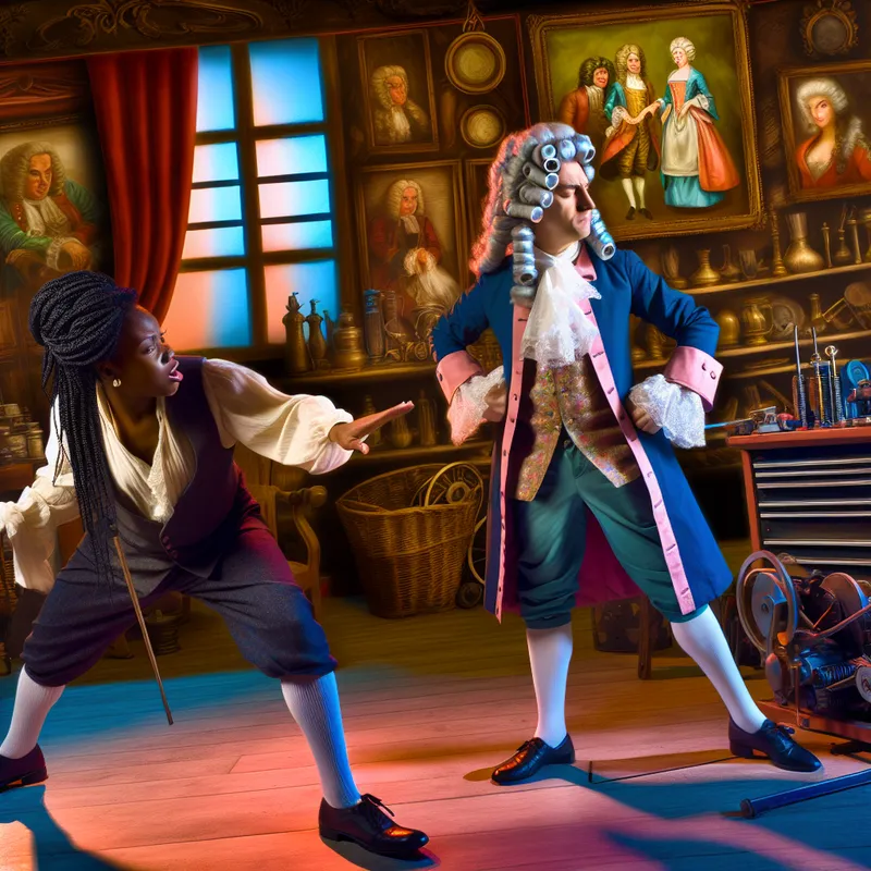 17e-eeuwse man legt op neerbuigende manier automechanica uit aan vrouwelijke monteur in barokke stijl