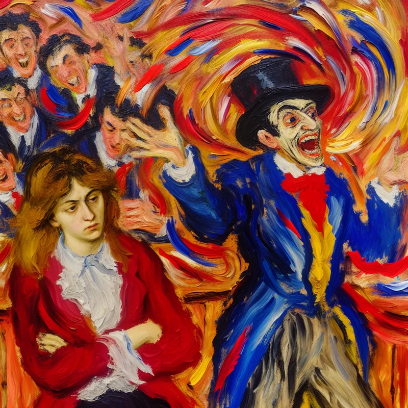 Man geeft op neerbuigende wijze uitleg aan vrouw in abstract expressionistisch schilderij