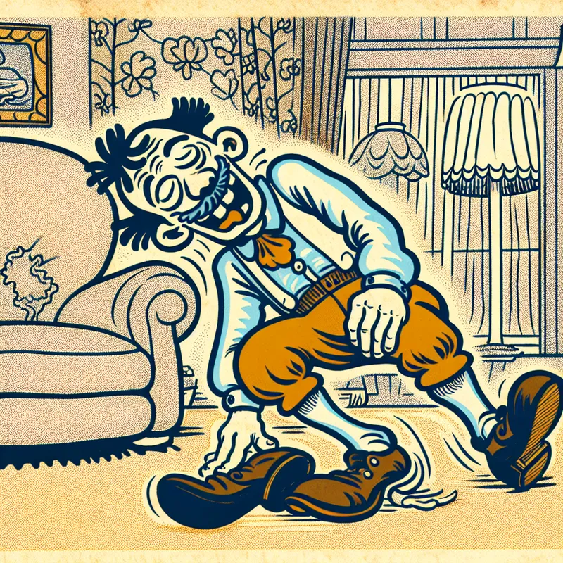 Cartoonfiguur zakt uitgeput neer op een bank in een gezellige woonkamer, met dramatische houding en vermoeide gezichtsuitdrukking