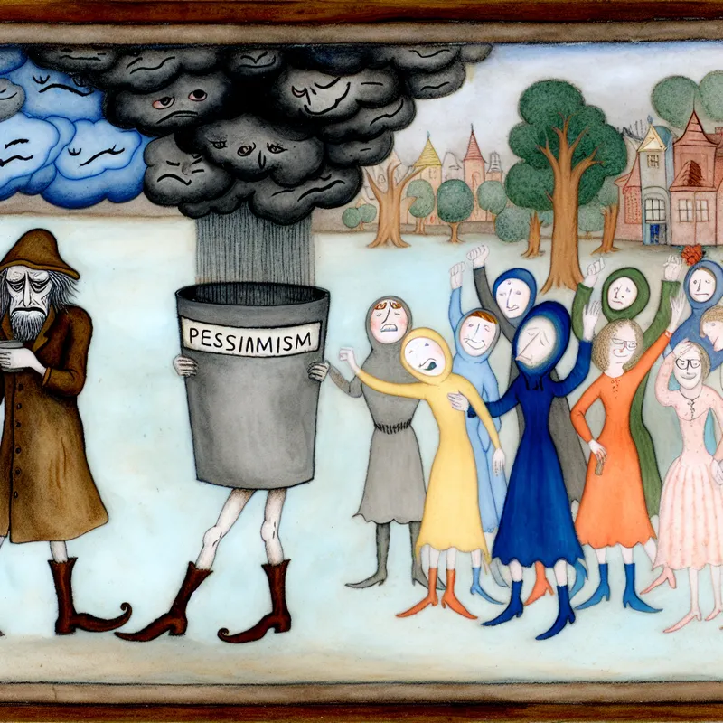 Een personage in tattered kleding verspreidt pessimisme in een vrolijke menigte, met donkere wolken en negatieve symbolen.
